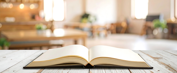 Buch liegt auf einem Tisch, dahinter verschwommen Restauranttische